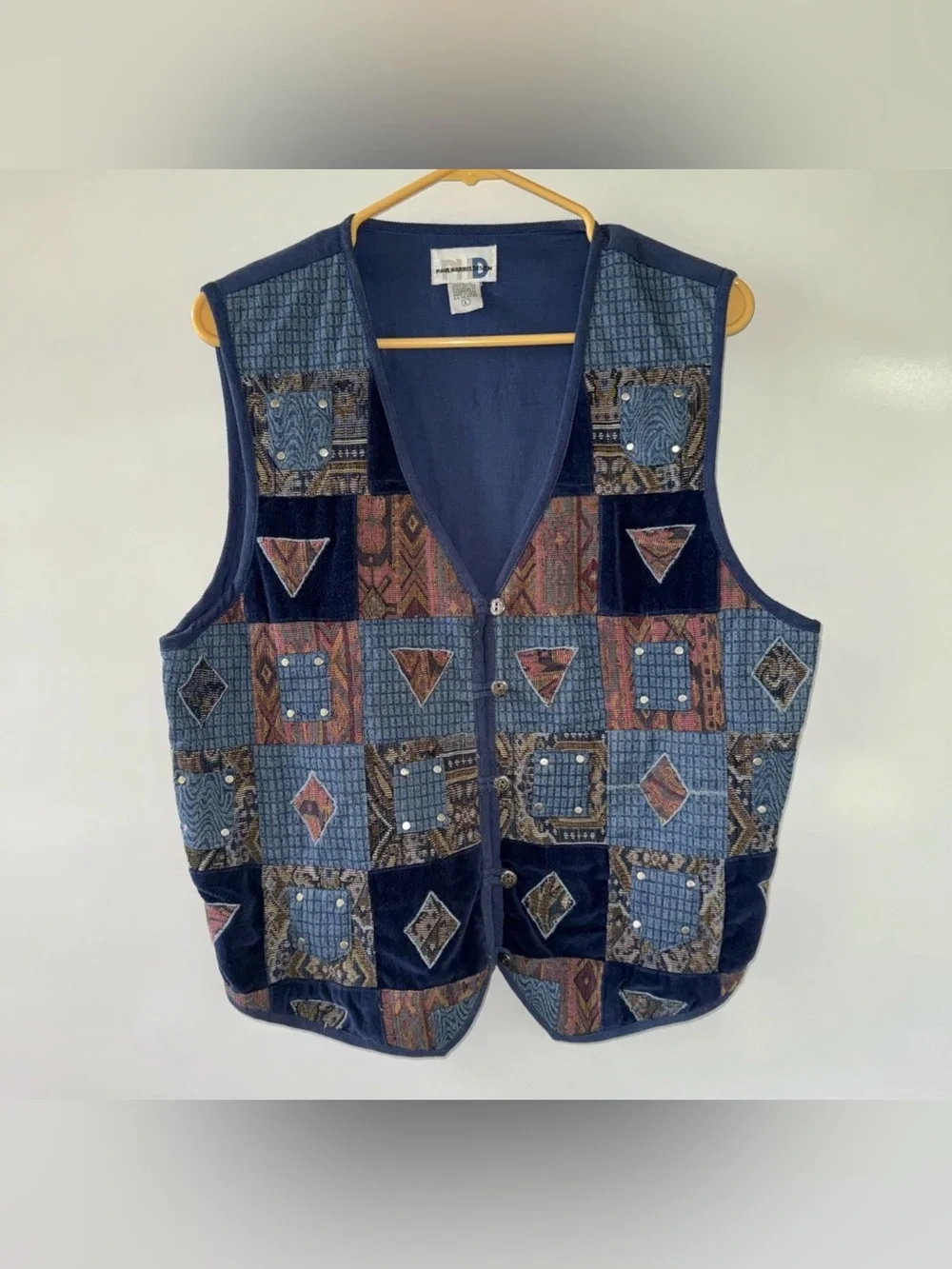 Vintage Paul Harris Design PHD Denim Embroidered Weaved Corduroy Vest Boho Large
